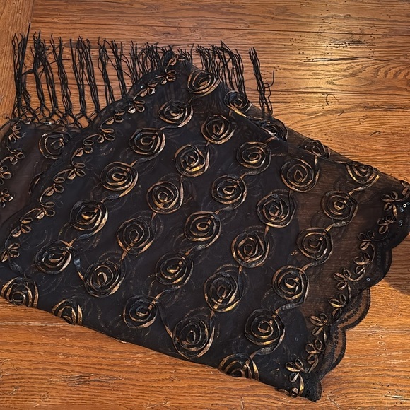 Black Sheer Shawl Wrap Bronze Appliqué Circular Pattern and Fringe Scarf 20x63” - Picture 12 of 12